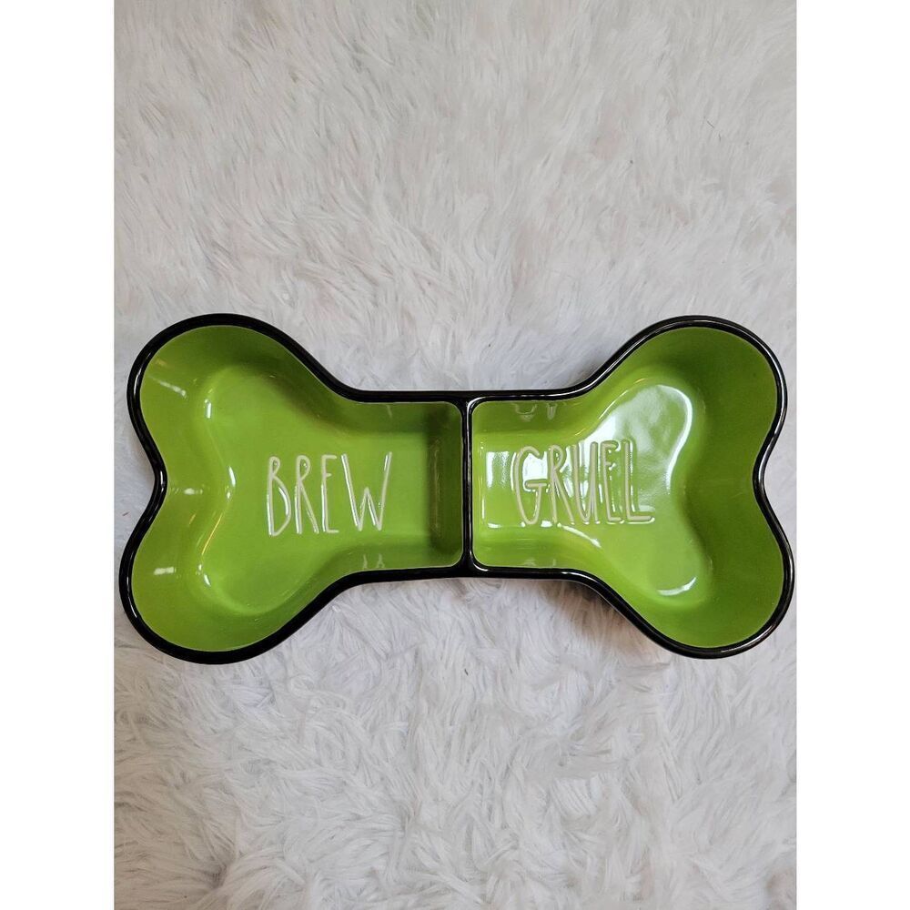Rae Dunn "BREW" & "GRUEL" 2 Slot Dog Bowl